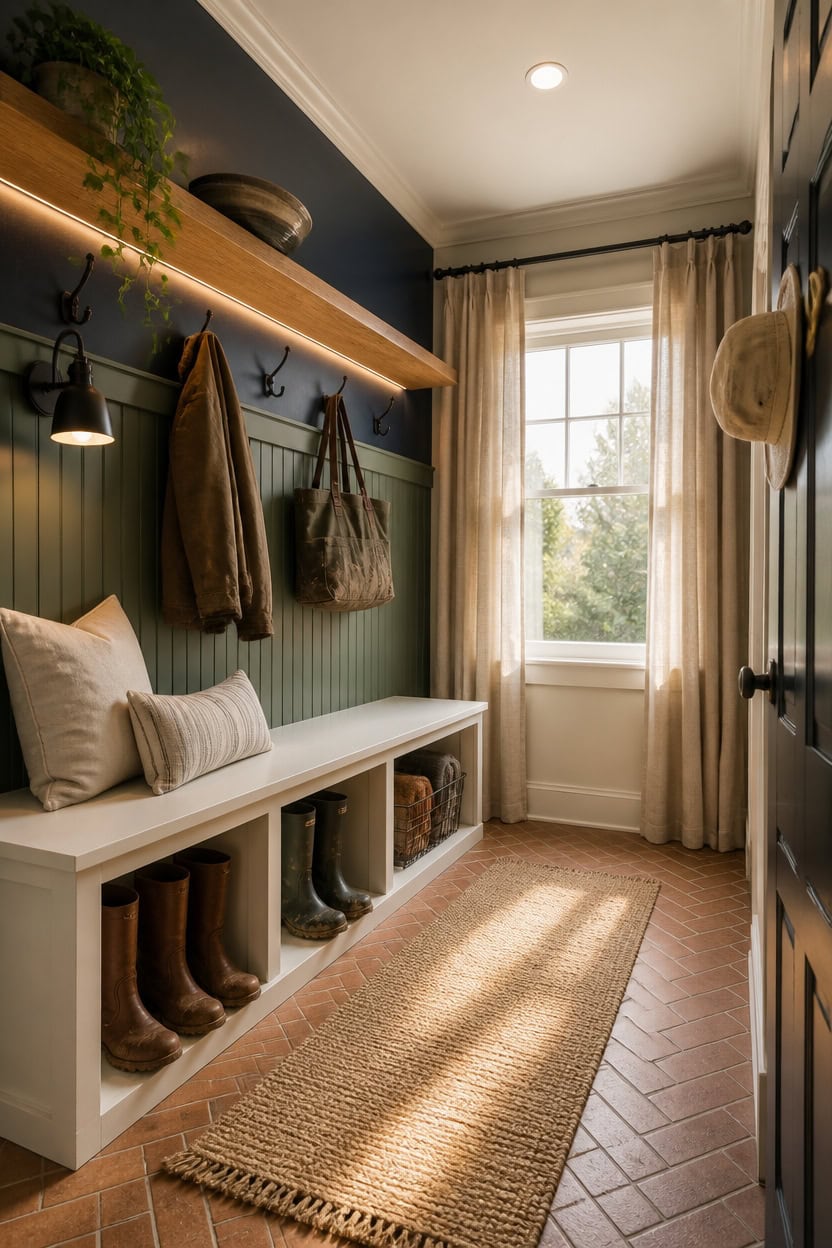 Entryway with coat hooks, boots, and natural light.