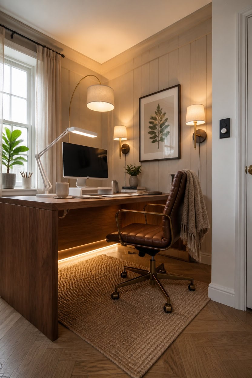 Comfortable home office with wooden desk, monitor, plants, and warm lighting.