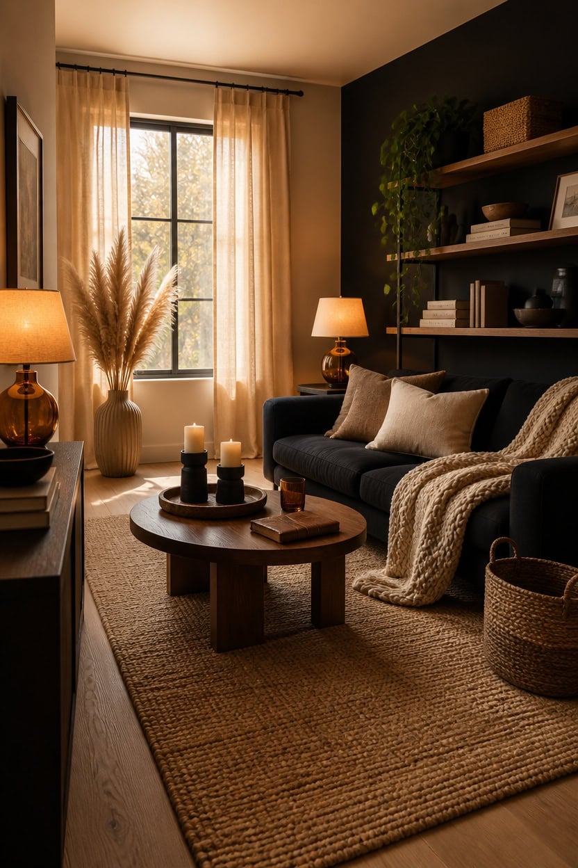 Bright living room with large window, beige curtains, and warm lighting.