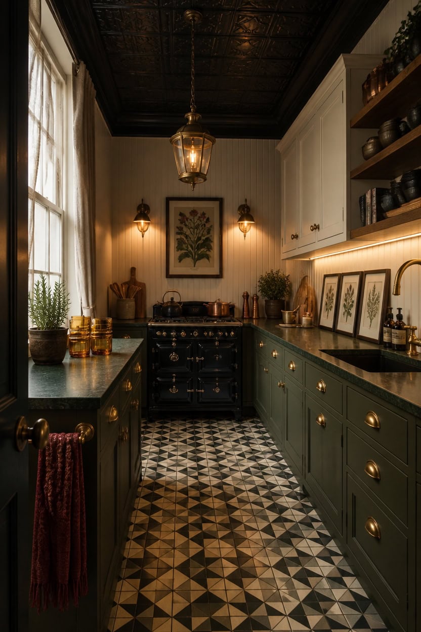 Vintage-style kitchen with dark cabinetry, patterned tile floor, and warm lighting. Features classic.