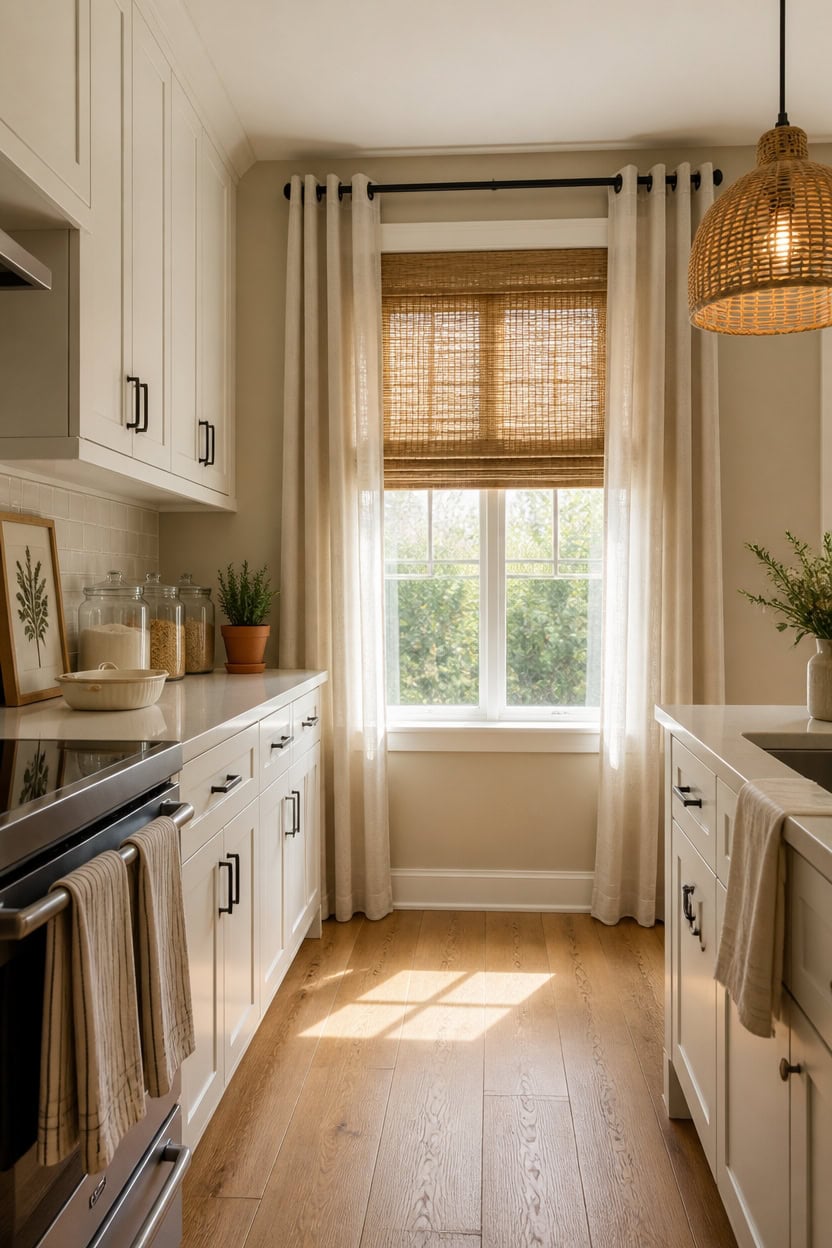 Bright kitchen with large window and white cabinetry.