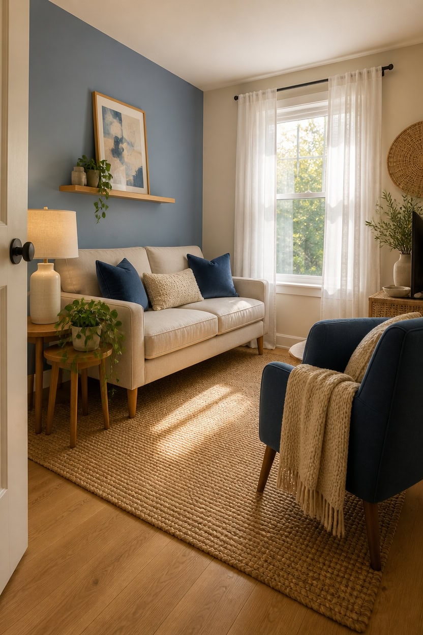 Bright living room with a white sofa, blue accent pillows, and large window with sheer curtains.