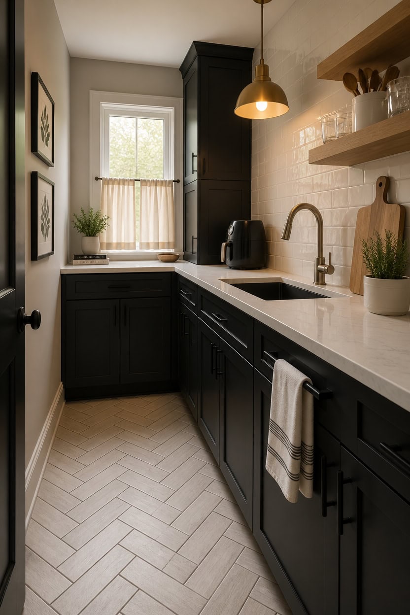Stylish kitchen featuring black cabinetry, white countertops, and a small window with natural light.