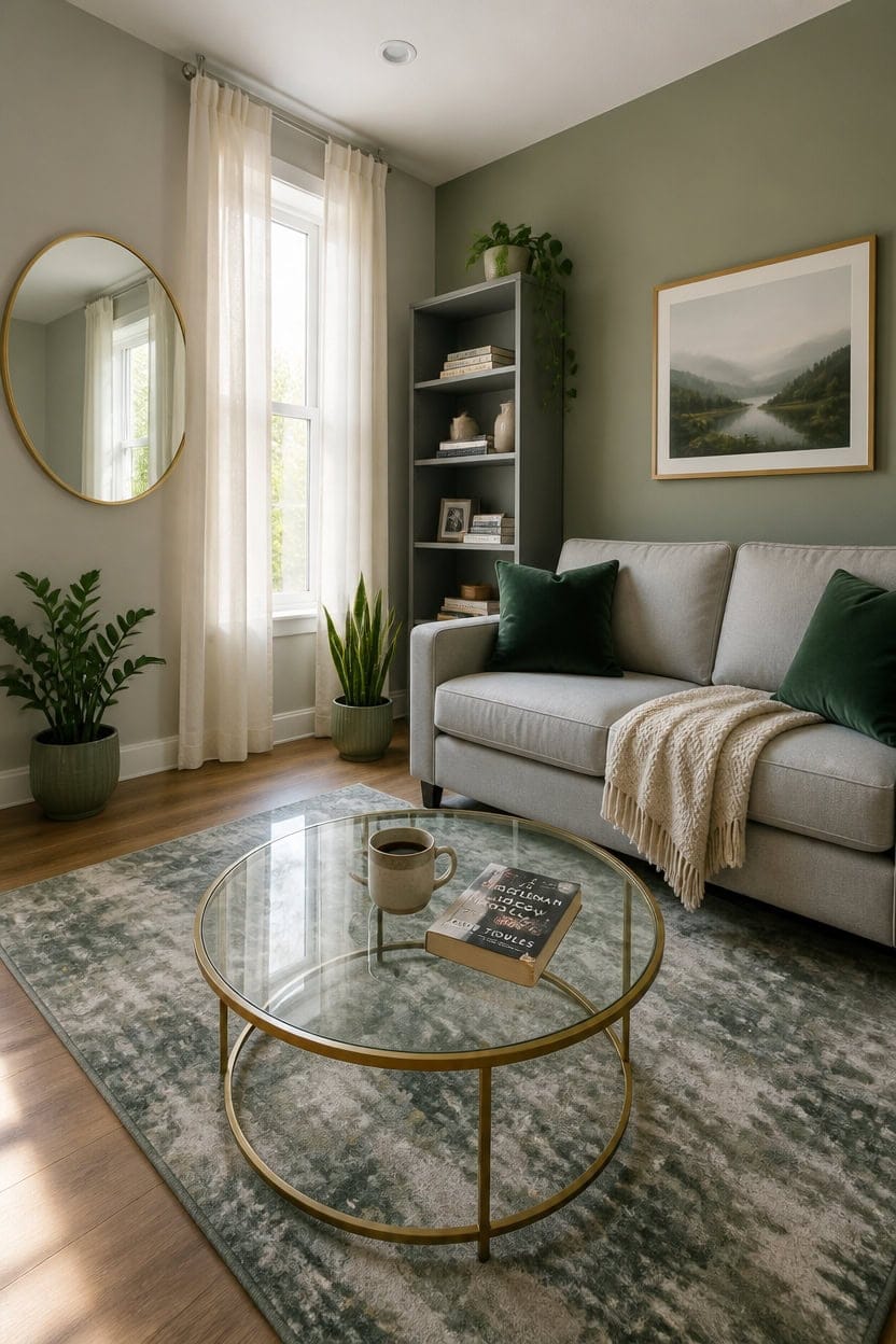 Bright living room with green and gray decor, perfect for relaxing and hosting guests. Elegant furniture and natural light cr.