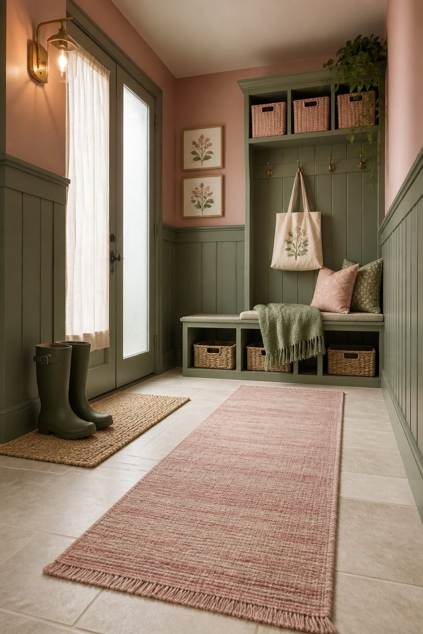 Entryway with green wainscoting, bench, and storage baskets.