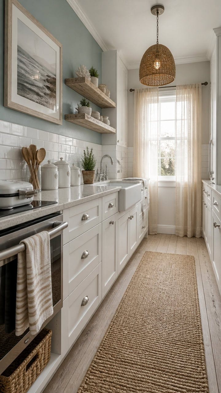 Bright kitchen featuring white cabinets, open shelving, and a large window with sheer curtains. Perfect for a comfortable apa.