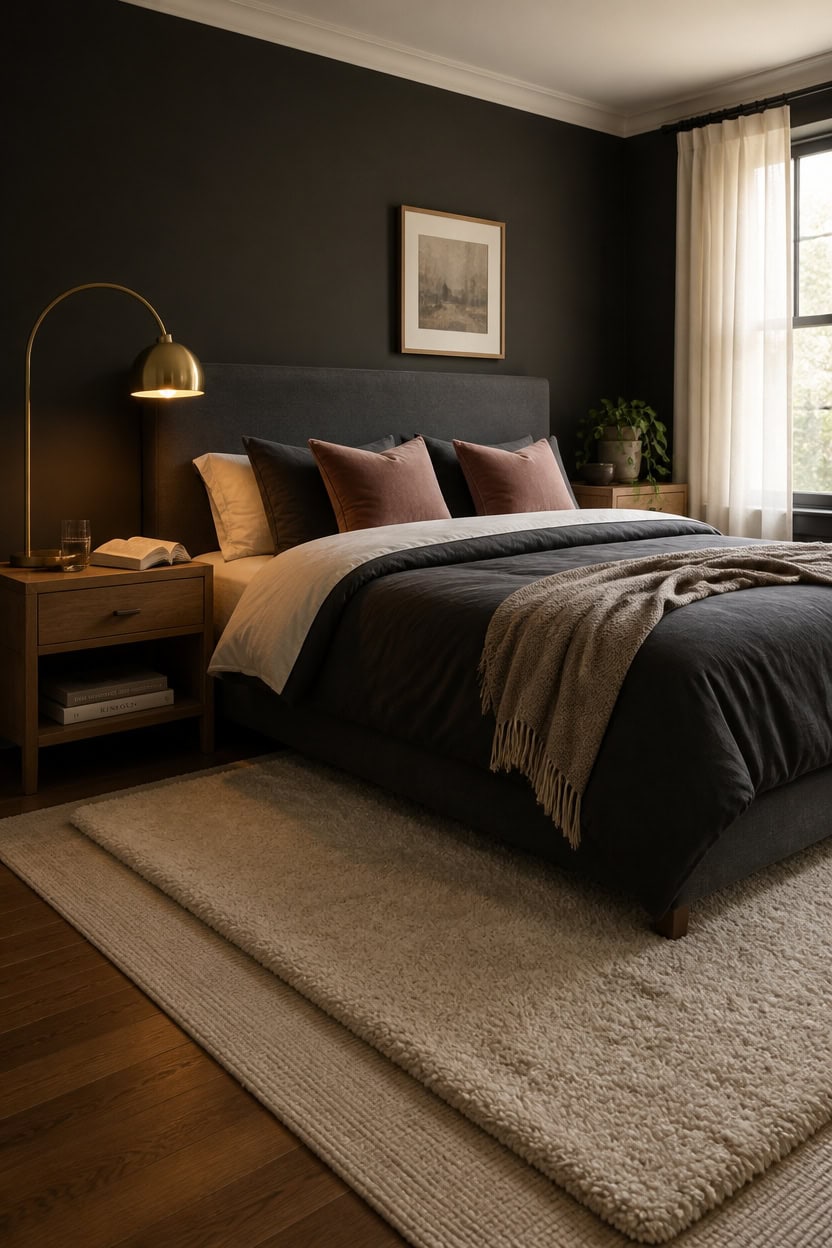 light rugs anchor dark bedroom
