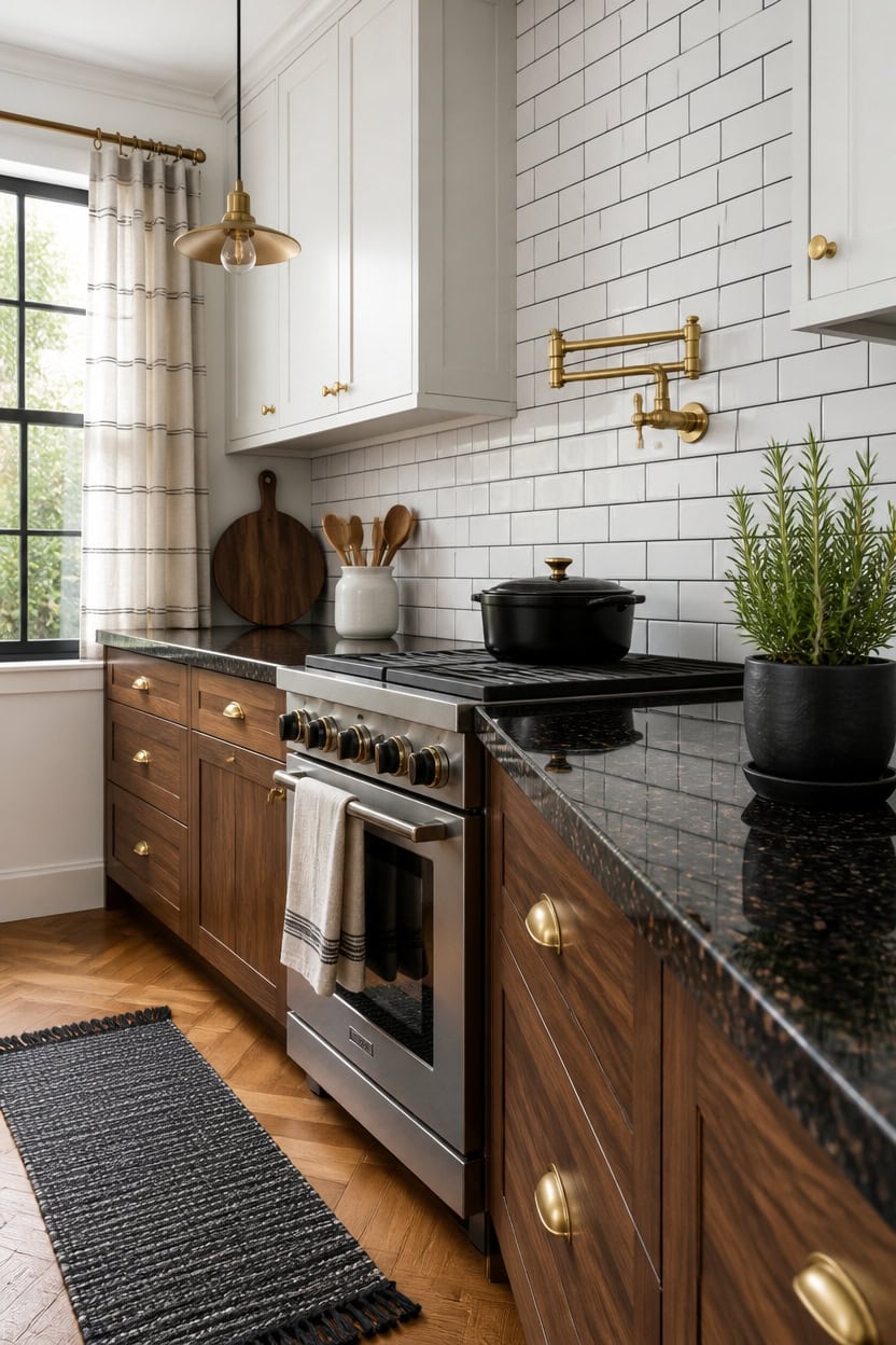 Modern kitchen with white cabinets, black countertop, and gold fixtures in a bright apartment.