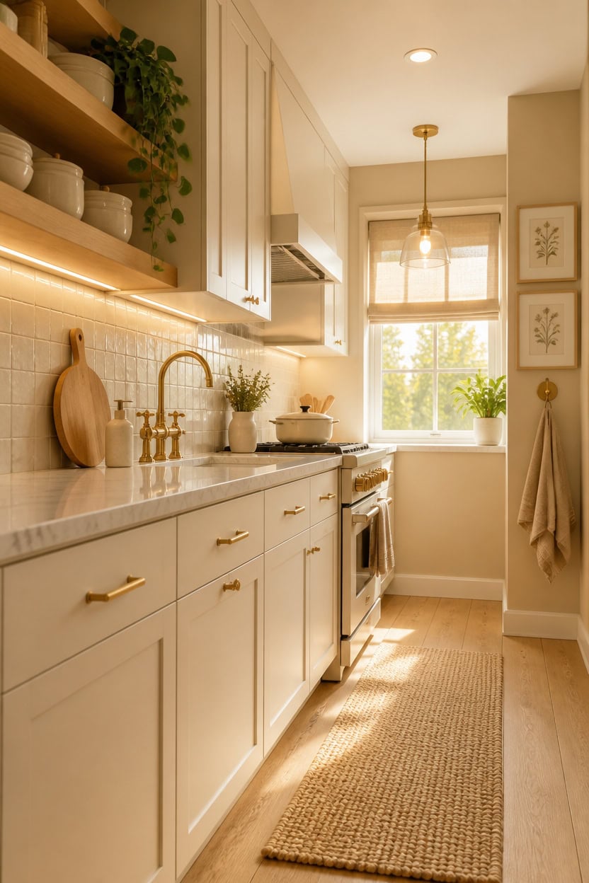 Bright and inviting kitchen featuring white cabinetry, gold accents, and ample natural sunlight. Perfect for comfortable livi.