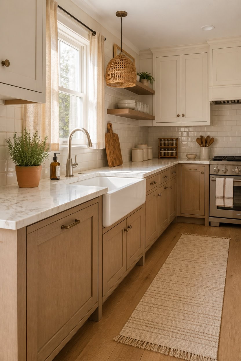 Bright and airy kitchen with white cabinets, wooden accents, and natural sunlight.