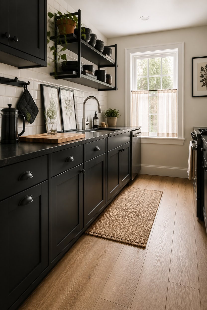 Modern kitchen with black cabinets, open shelving, and natural light from window.