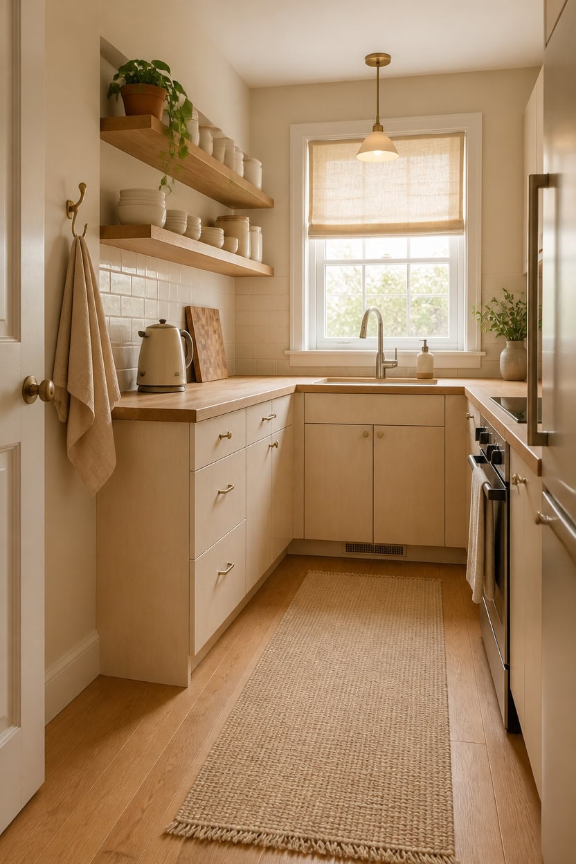 Bright kitchen with beige cabinets, open shelving, and a large window for natural light.