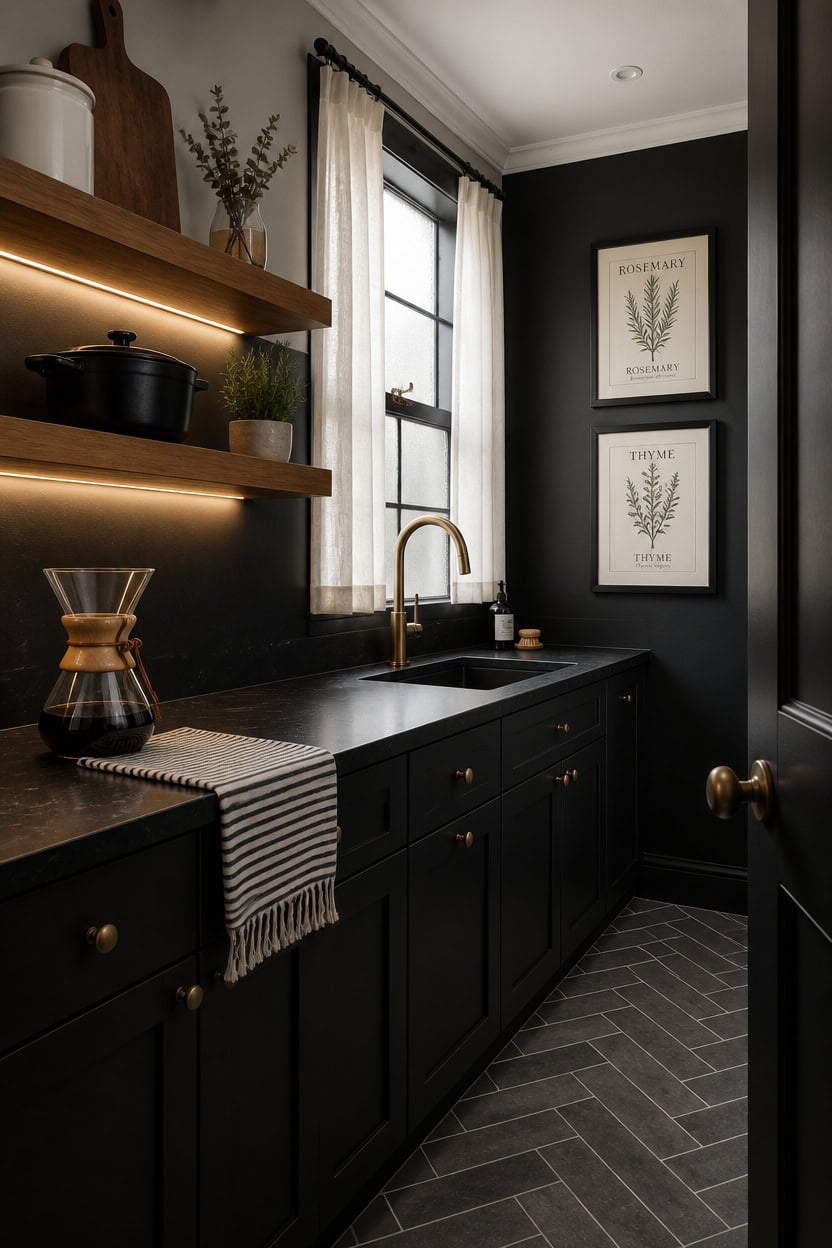 Modern black kitchen with wooden shelves, gold faucet, and natural light from window.