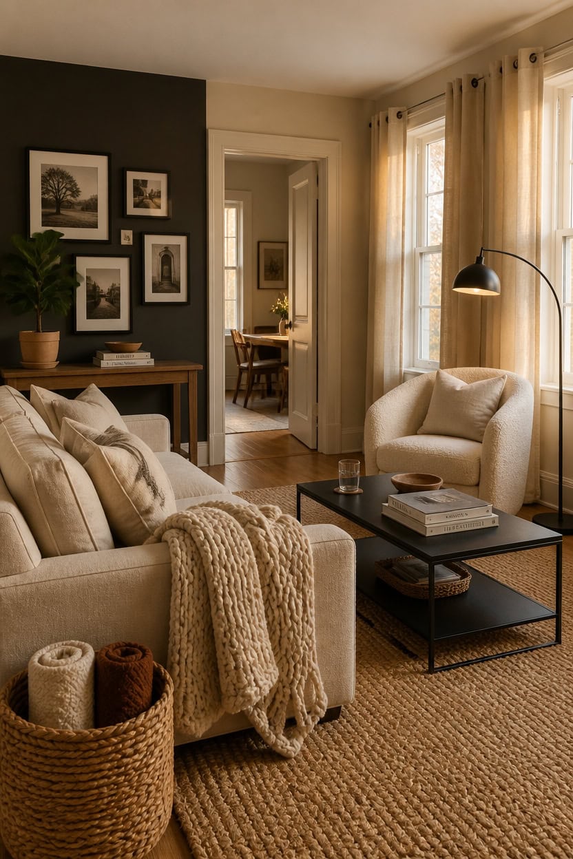 Bright living room with beige sofa, armchair, and large windows with curtains.