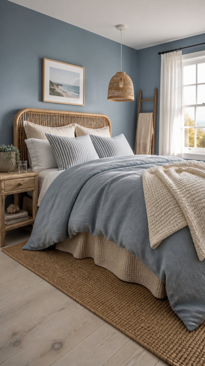Bright bedroom featuring a blue accent wall, large window with curtains, and a comfortable bed with layered linens and pillow.