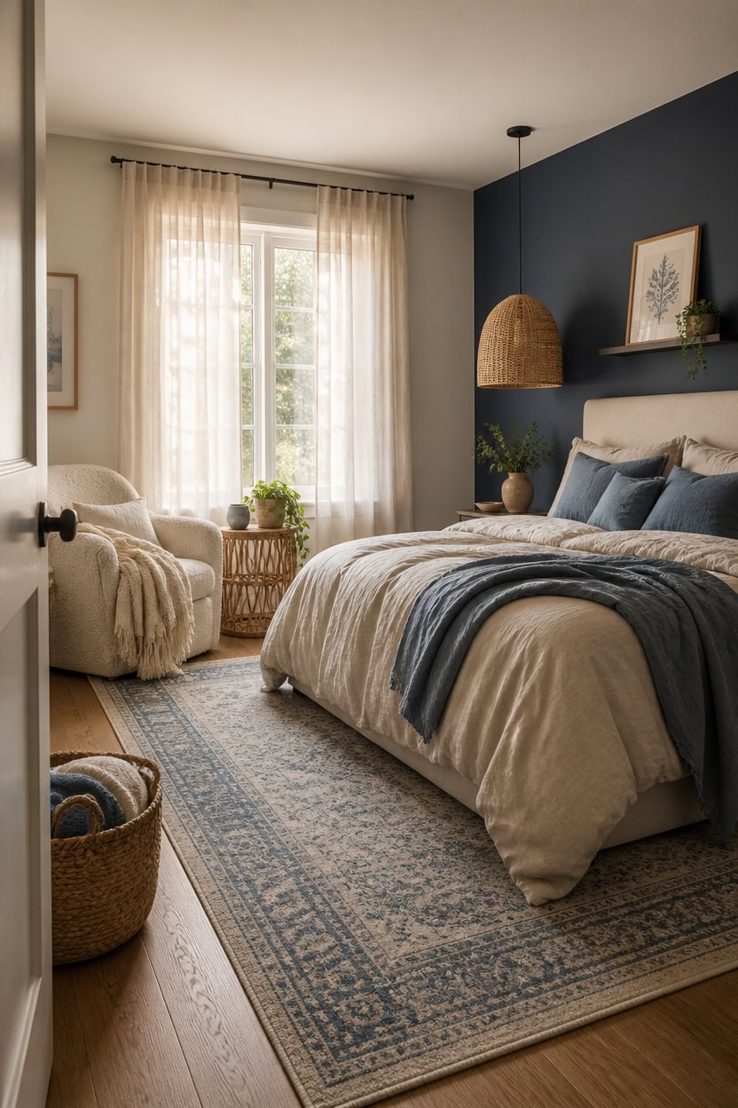 Bright bedroom with large window, cozy bed, and stylish decor in a modern apartment.