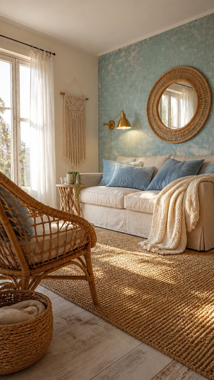 Bright boho living room with a white sofa, wicker chair, and natural accents, perfect for relaxing in a stylish apartment.