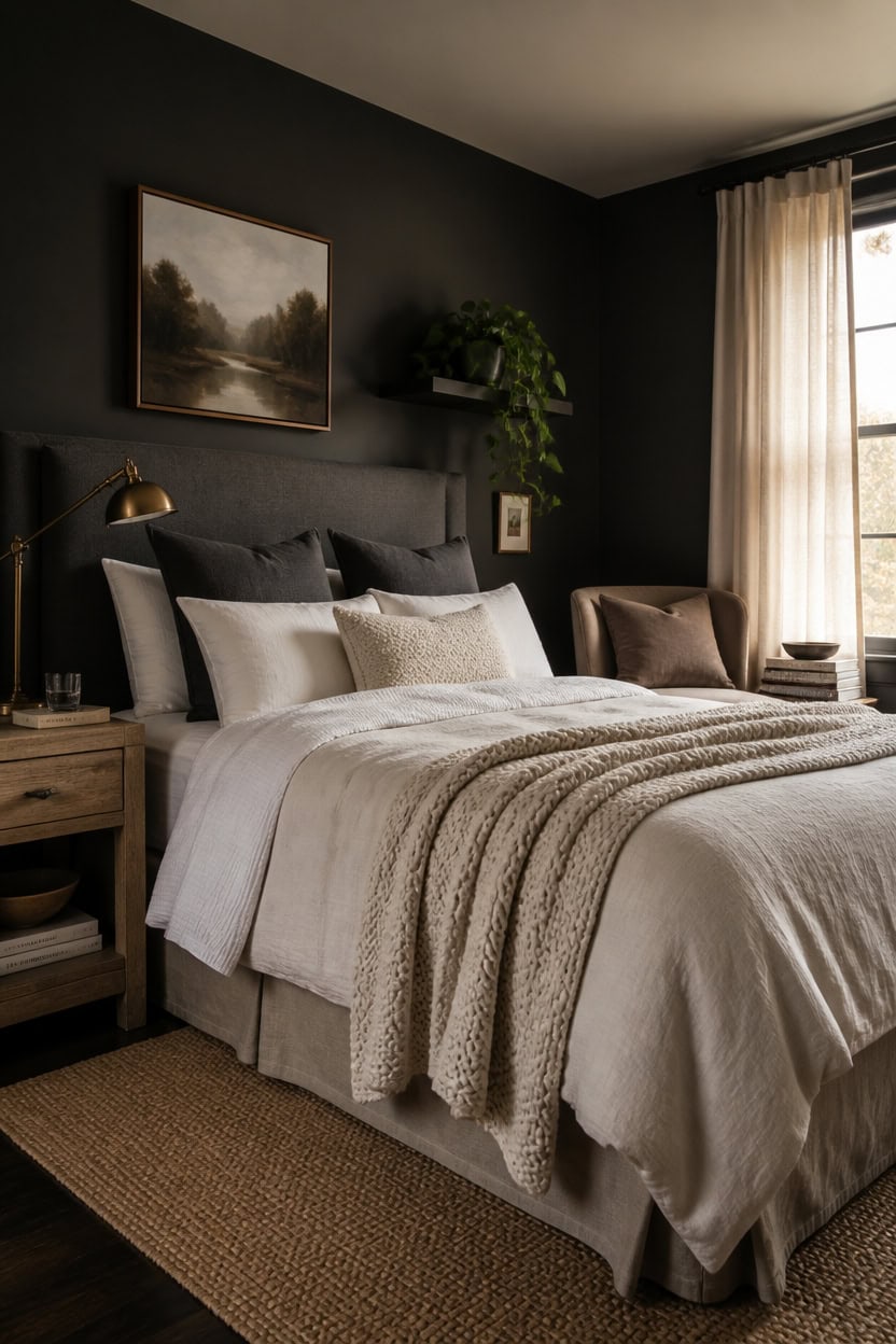linen layers with charcoal walls