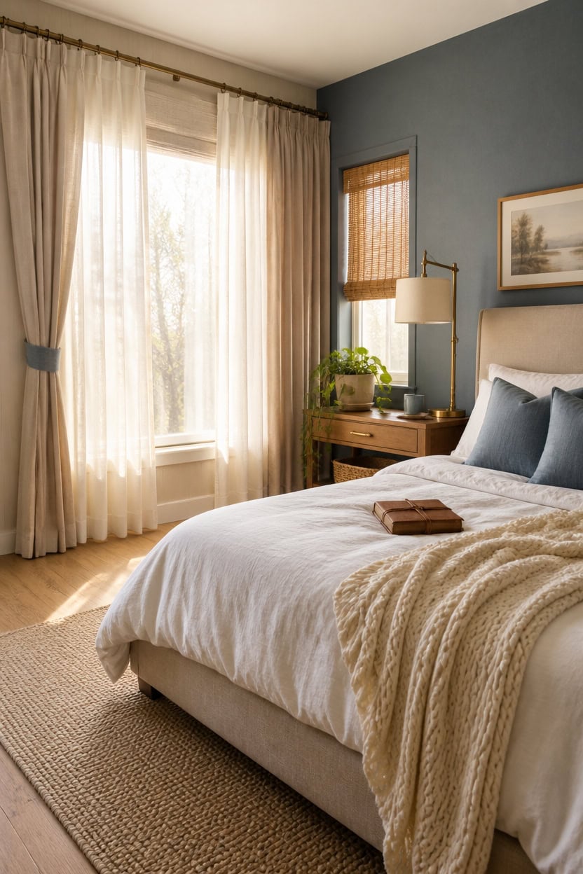 Bright bedroom with large windows, sheer curtains, and a comfortable bed with pillows and a throw bl.
