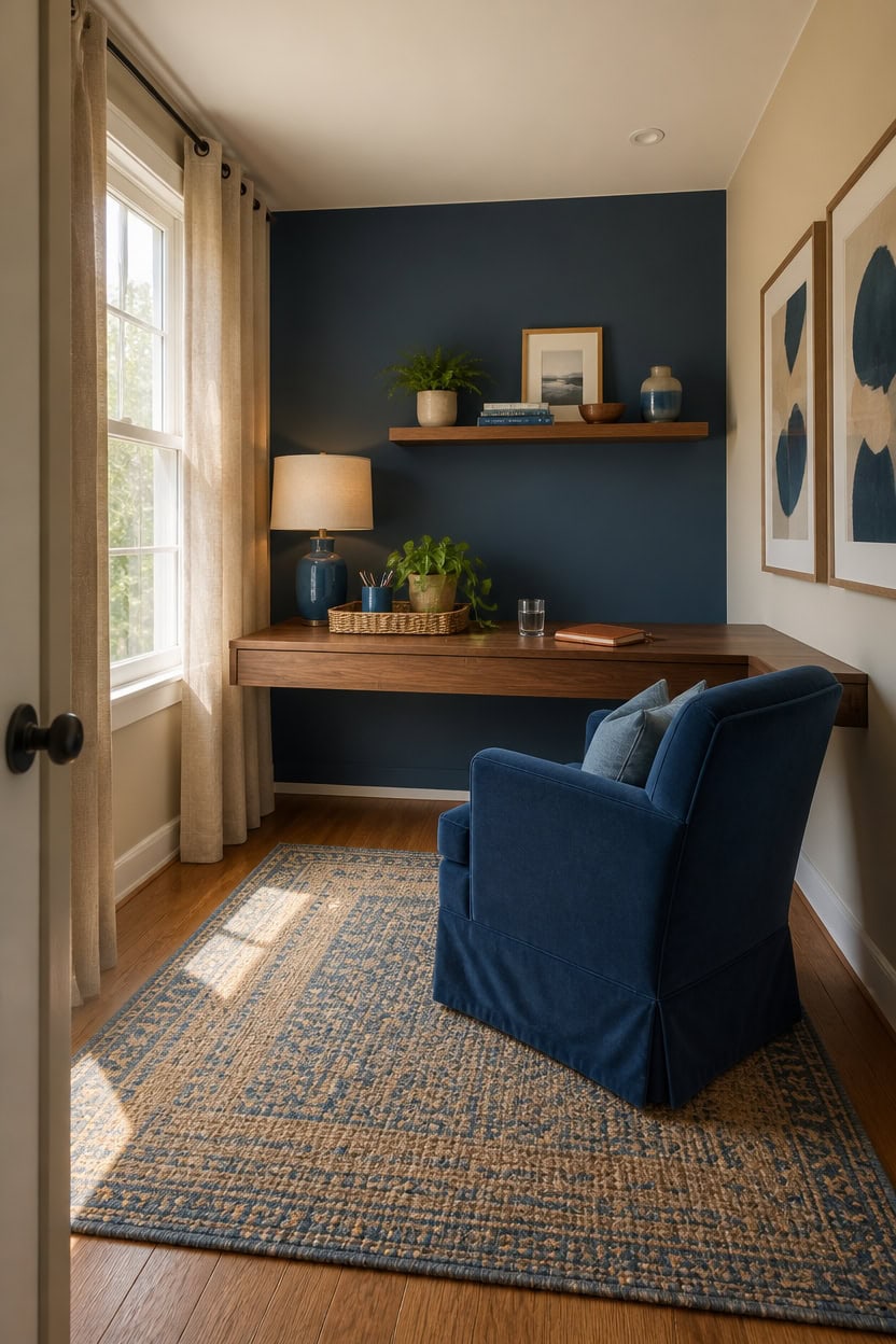 Comfortable home office with blue accent wall, wooden desk, and cozy armchair.