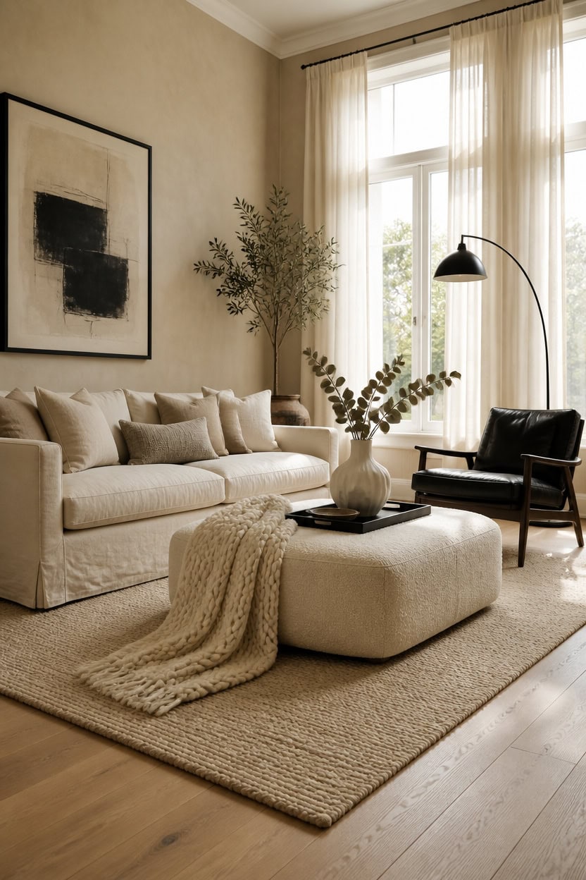 Bright living room with large windows, neutral-toned furniture, and elegant decor. Perfect for relax.