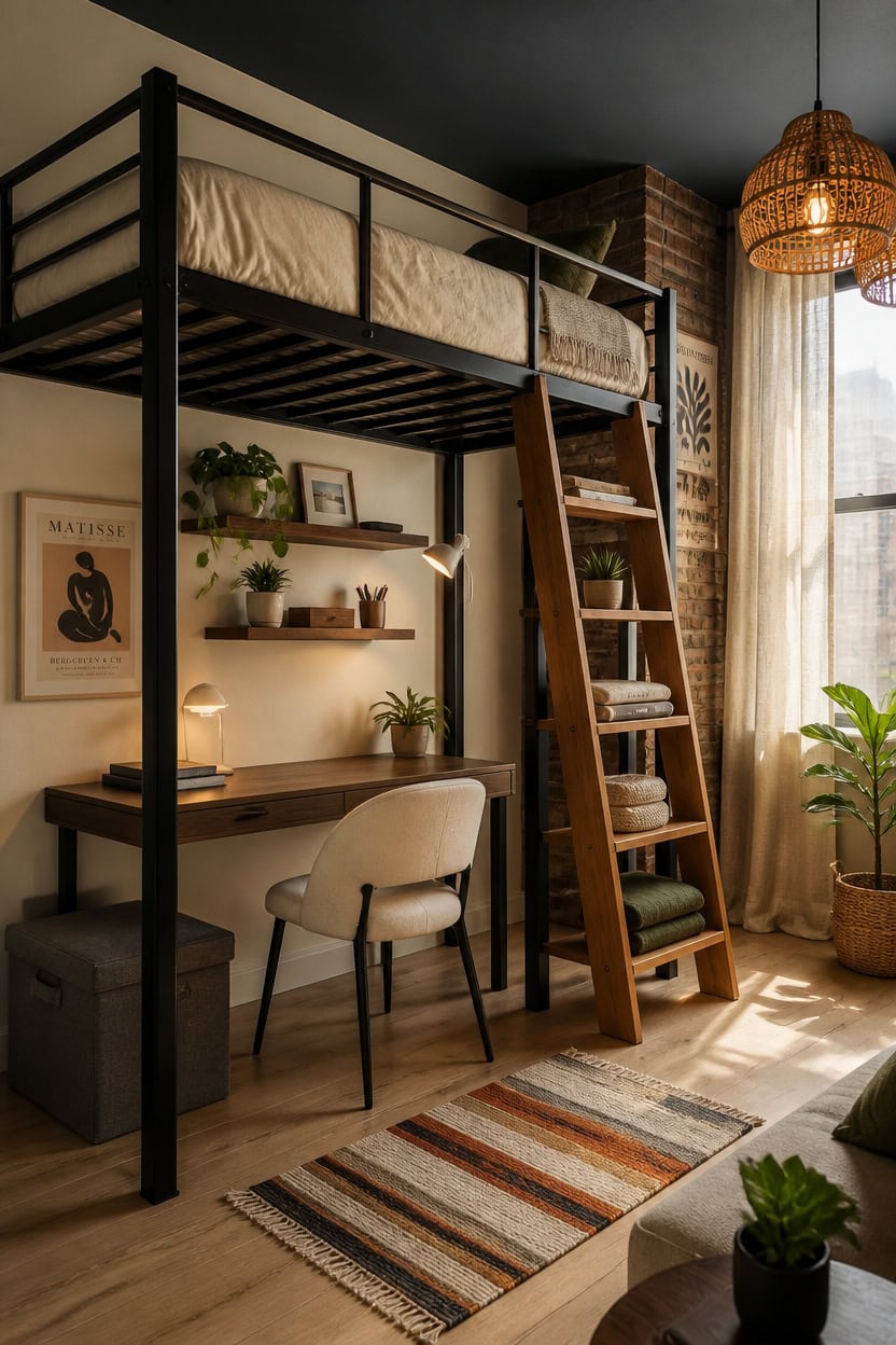 Modern urban studio with loft bed, workspace, and natural light.