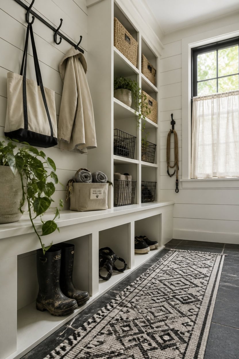 Bright mudroom with organized shelves, hooks, and stylish decor in a modern apartment.