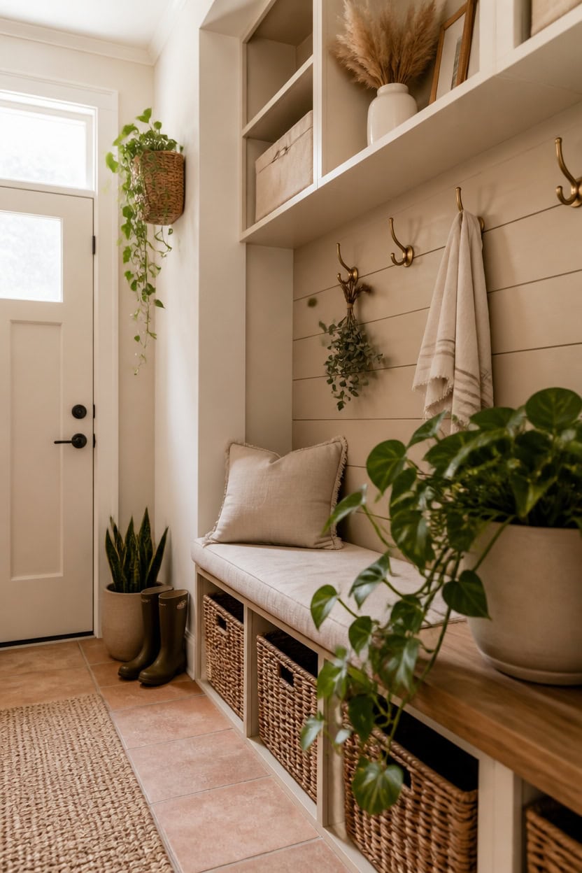 Inviting entryway featuring a built-in bench, decorative pillows, and woven baskets for organized storage. Stylish hooks hold.