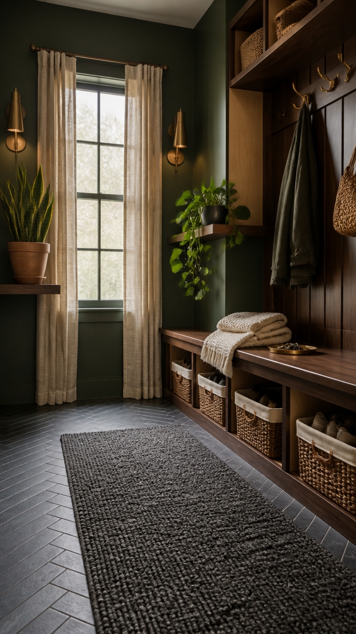low maintenance green mudroom decor