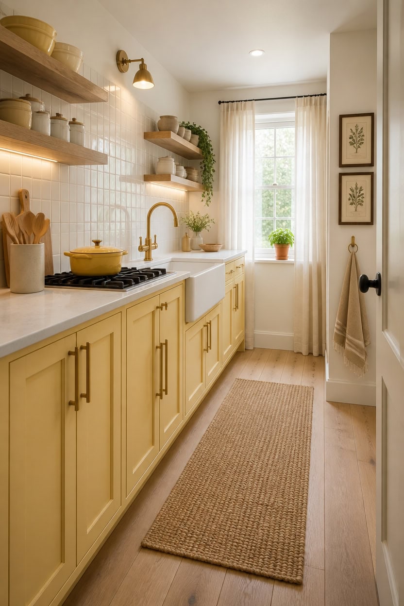Bright yellow kitchen with open wooden shelves, white backsplash, and a large window letting in natu.