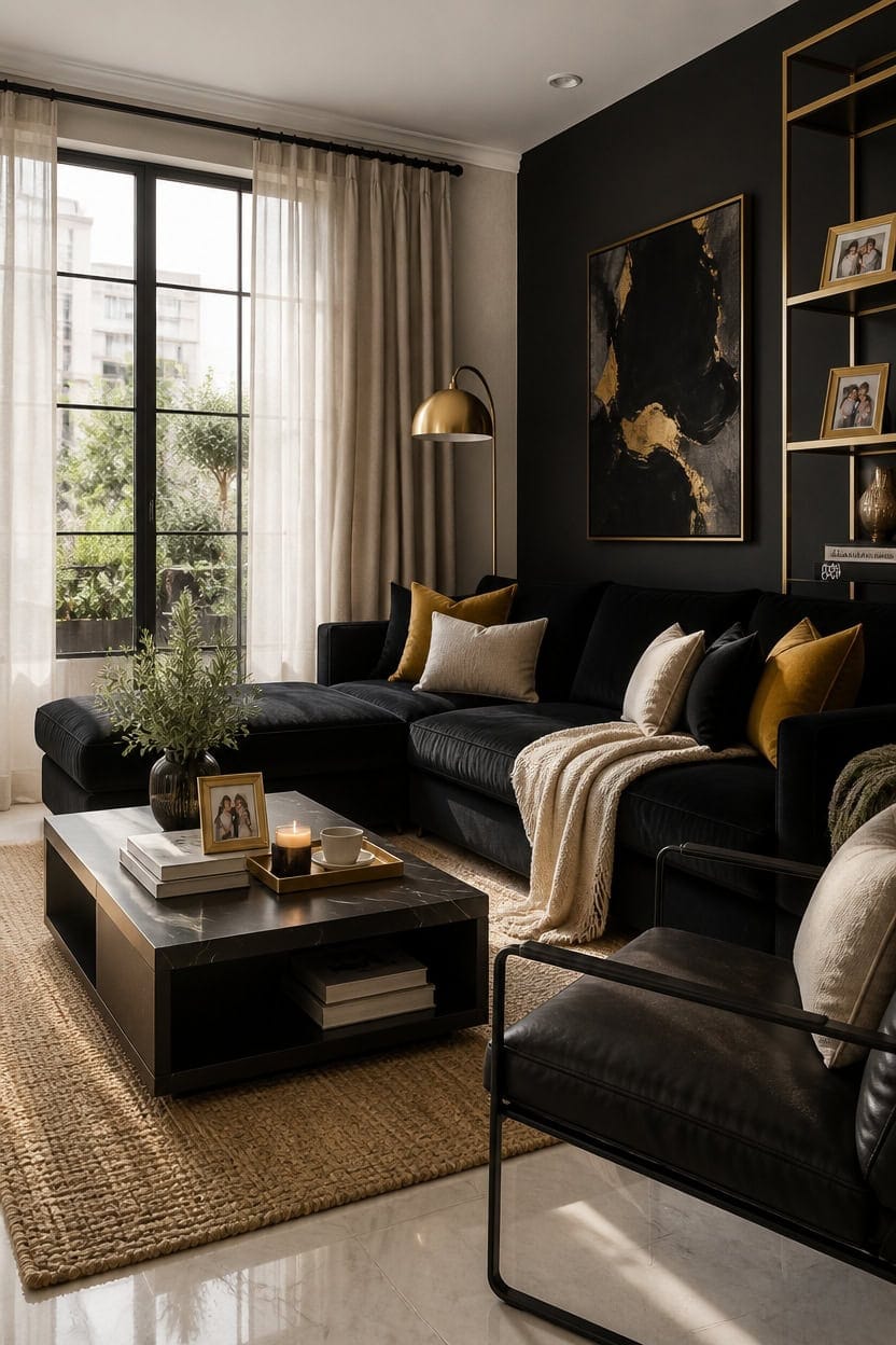 luxe black gold living room