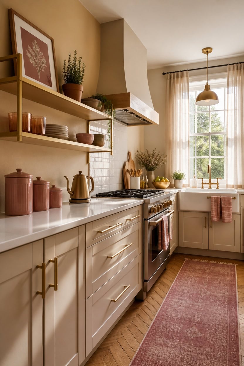 Bright kitchen with white cabinets, wooden accents, and large window.