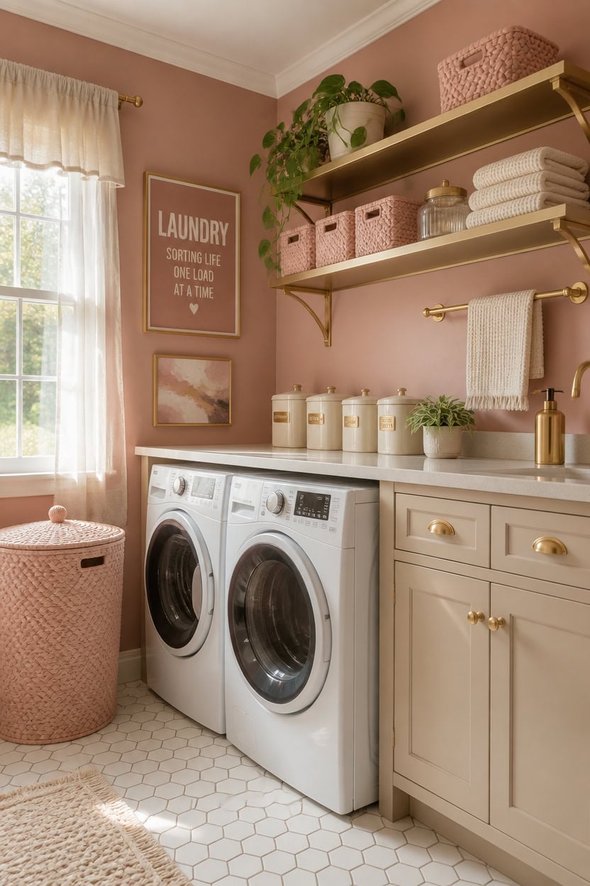 Bright laundry room featuring a front-loading washer and dryer, pink storage baskets, and decorative.