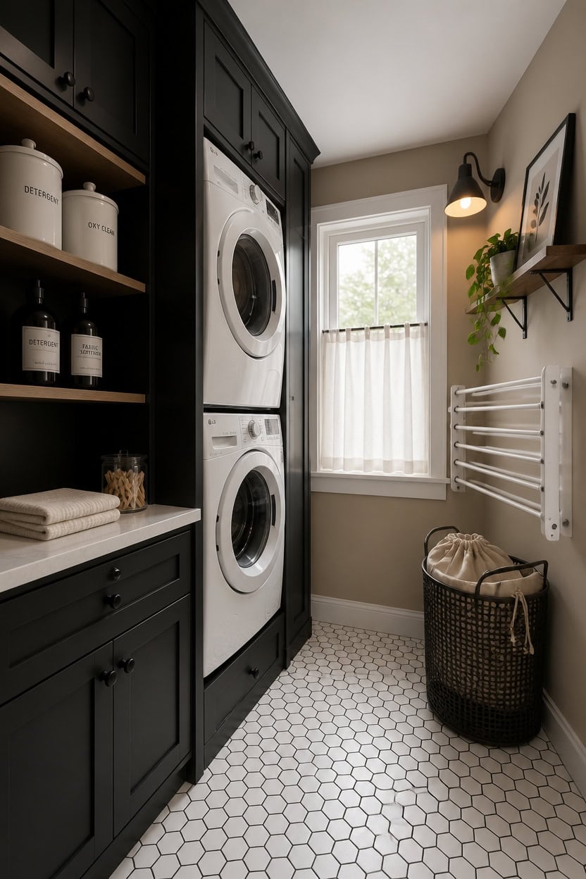 Efficient laundry room featuring stacked washer and dryer units, dark cabinetry, and natural light f.
