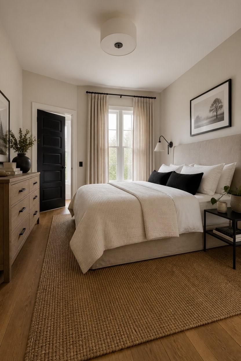 Bright and cozy bedroom with large window, neutral decor, and modern furnishings at Apartment ABC.
