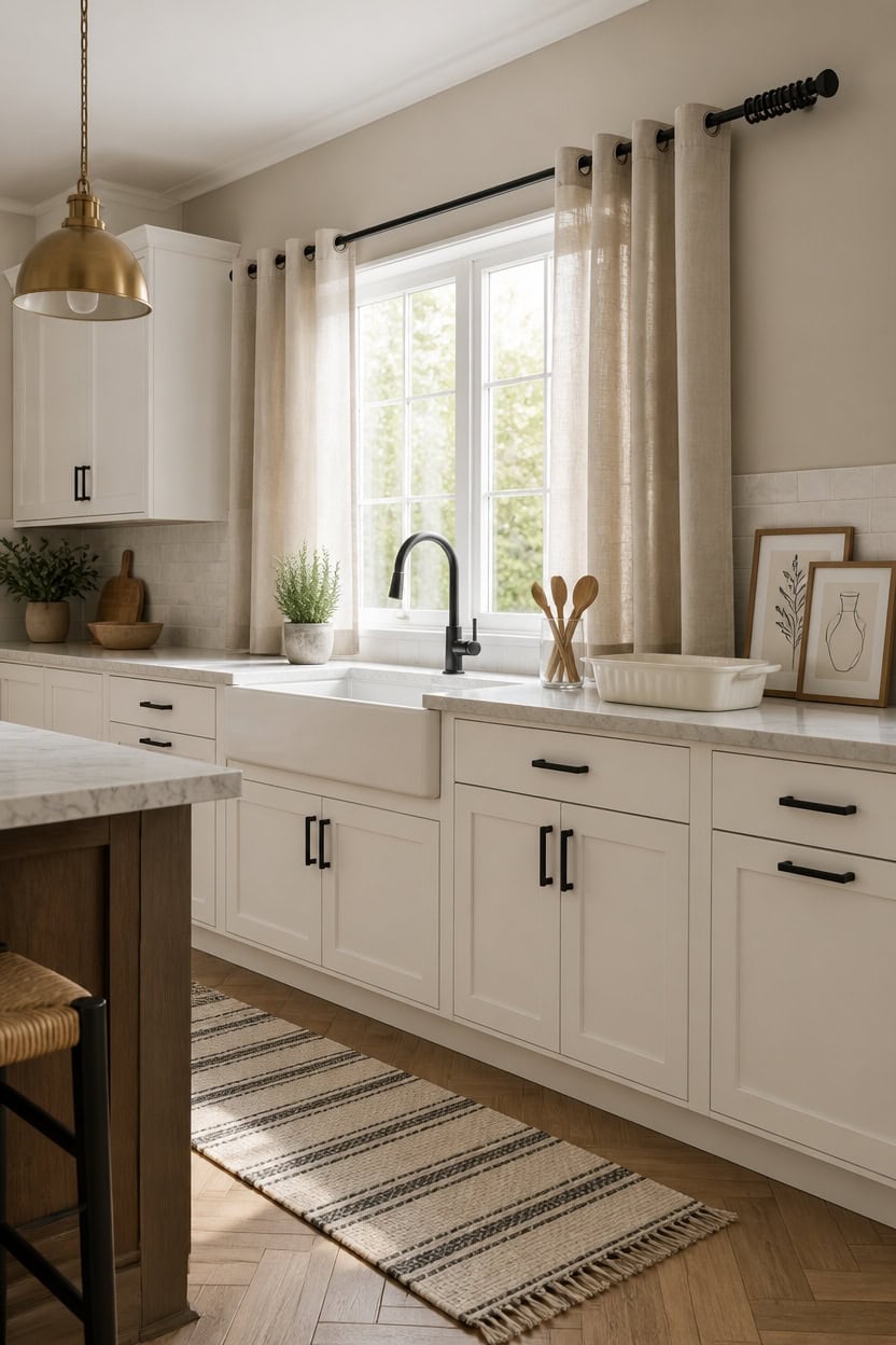 Bright kitchen featuring white cabinetry, a large window with beige curtains, and a farmhouse sink.