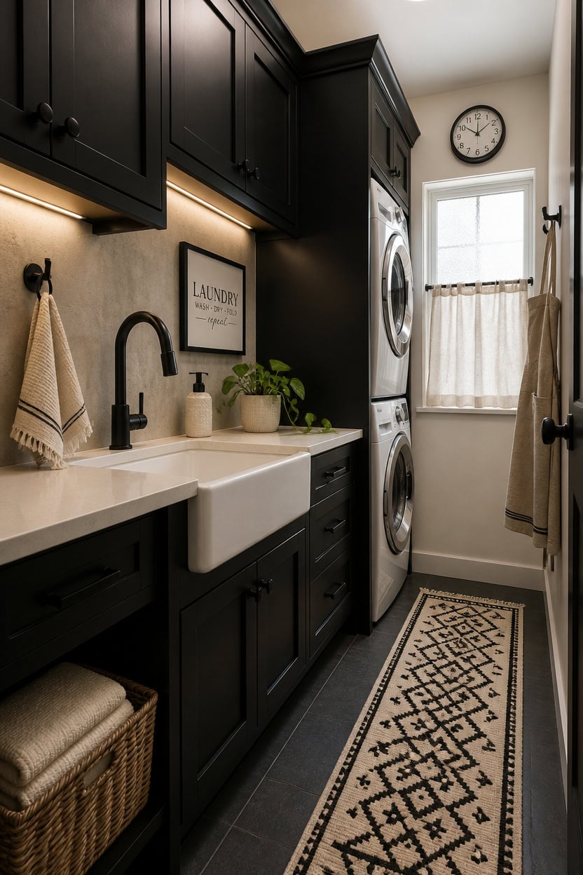 Stylish laundry room with black cabinetry, white sink, and stacked washer and dryer units.