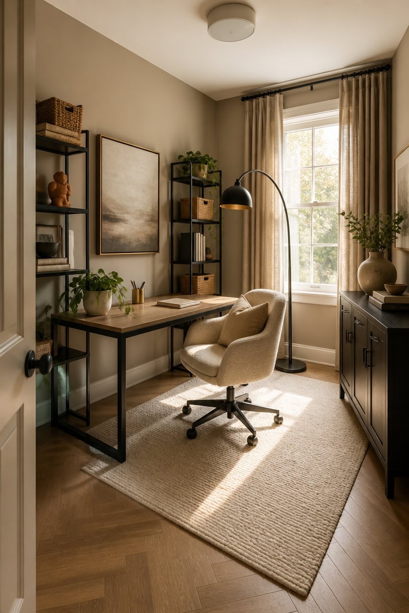 Bright home office with a large window, beige walls, and modern decor. Features a desk, comfortable.