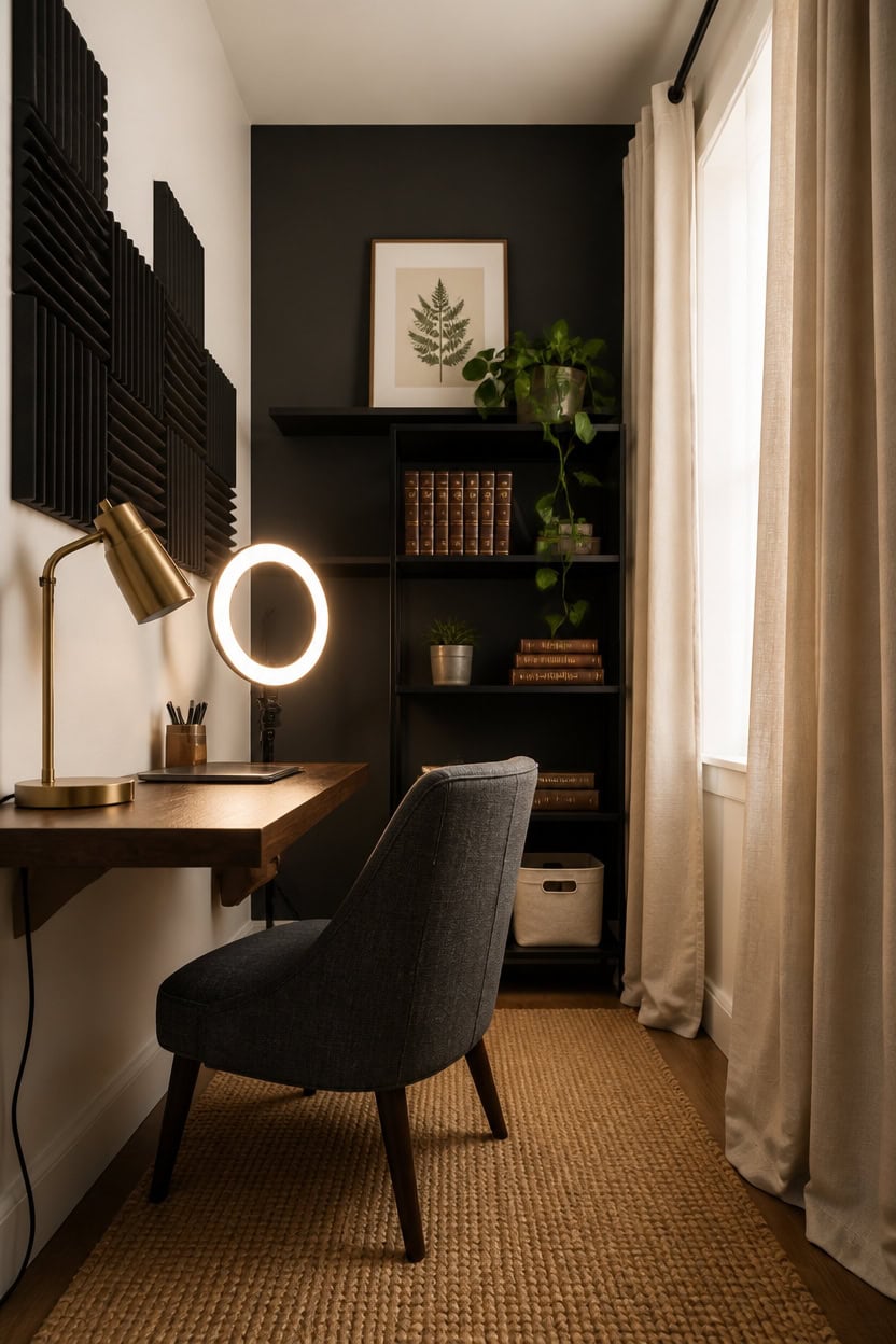 Comfortable workspace with desk, modern lamp, and black accent wall in apartment.