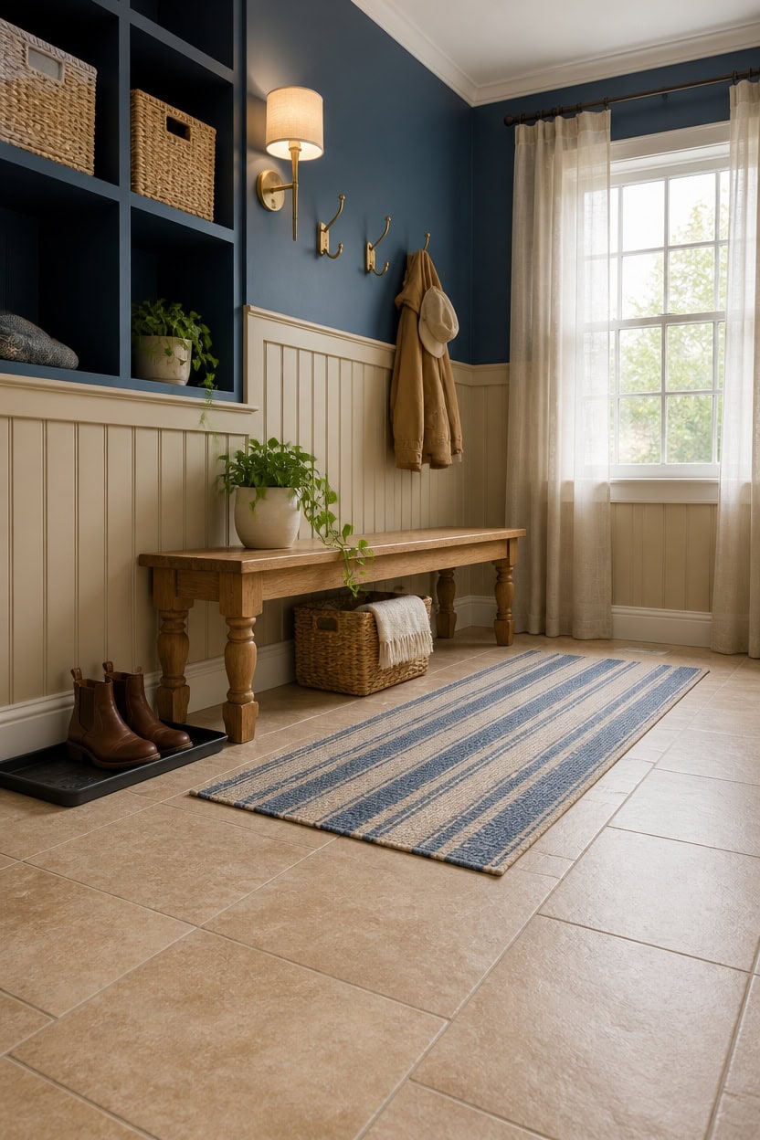 Inviting apartment entryway with wooden bench, coat hooks, and natural light.