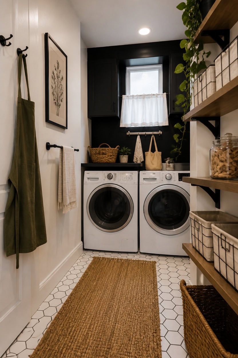 Laundry room with washer, dryer, shelves, and storage baskets in a modern home.