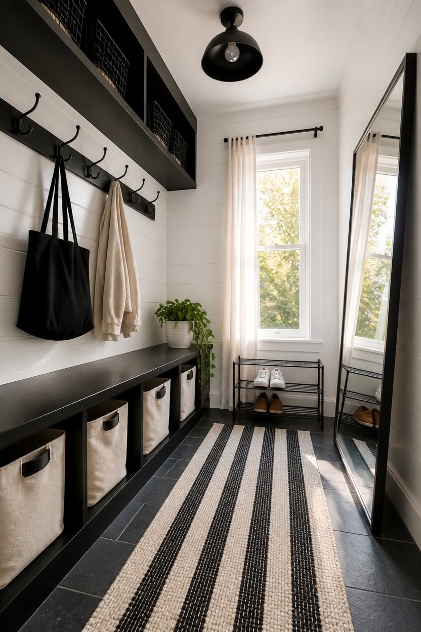 Entryway with hooks, storage bins, and a large mirror in a bright, stylish apartment.