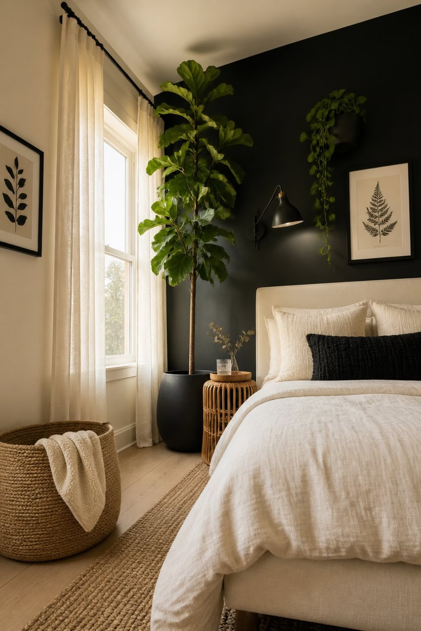 Indoor bedroom with large green plants, natural light, and modern decor.