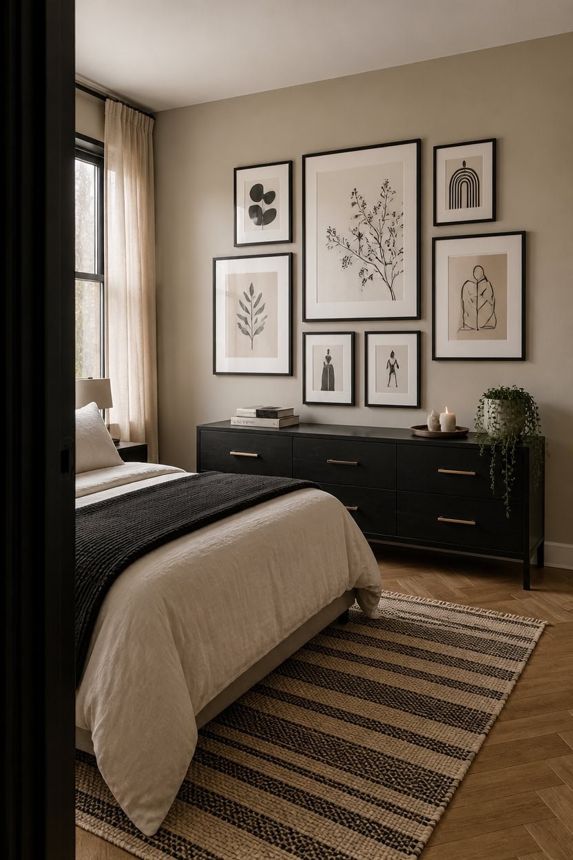 Bedroom interior with framed botanical and abstract art, black dresser, and cozy bedding.