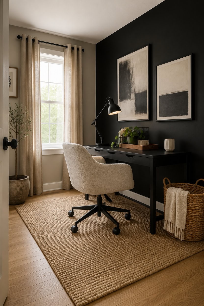 Modern home office with black accent wall, beige curtains, and natural light.