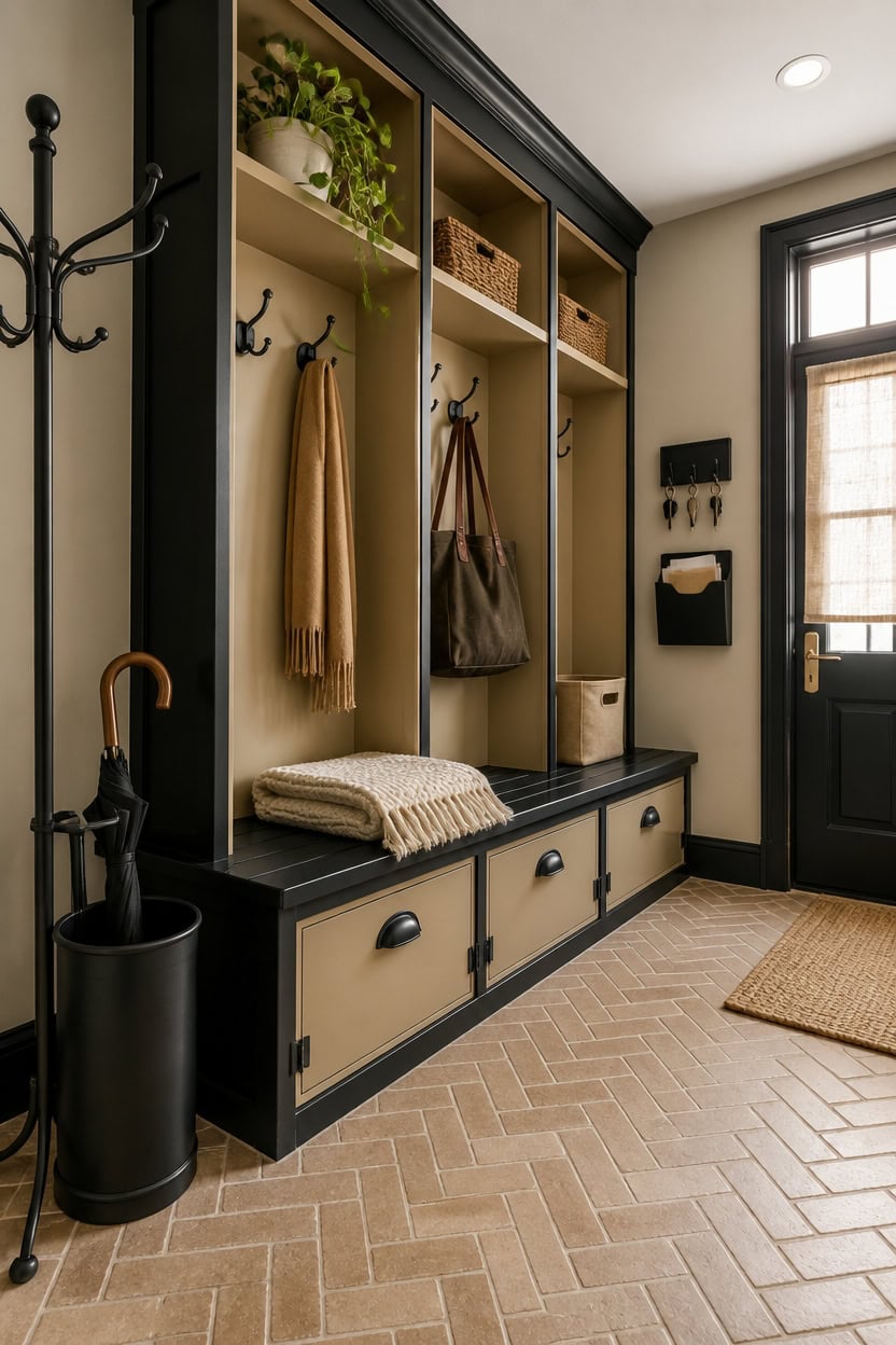 Entryway with storage bench, hooks, and baskets for organization.