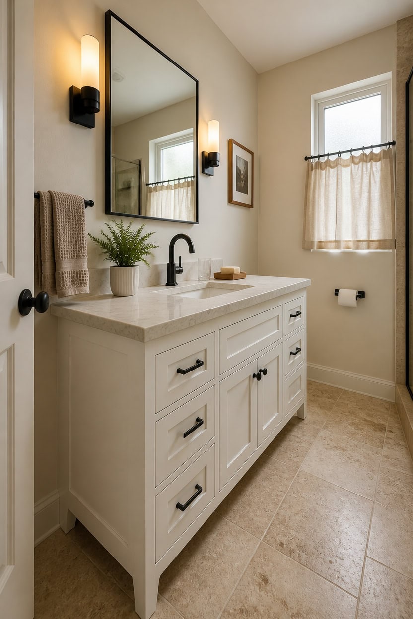Bright bathroom with white vanity, large mirror, and wall-mounted lights.