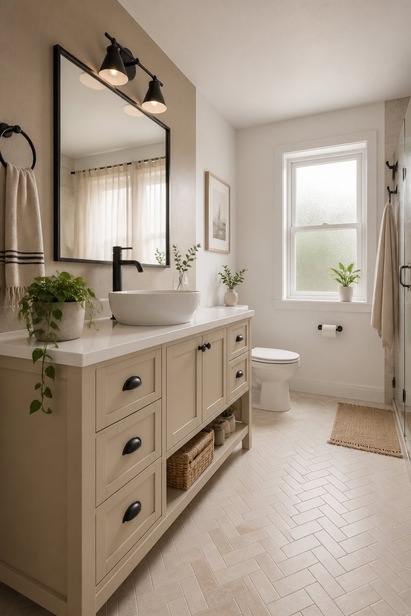 Bright bathroom featuring a white vanity, large mirror, and fresh greenery for a relaxing atmosphere.