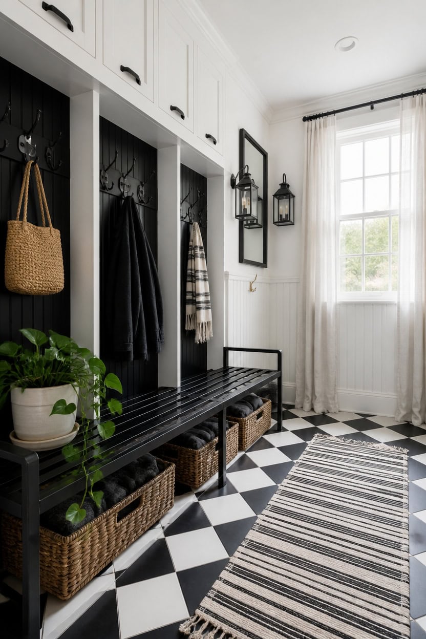 Entryway with black bench, coat hooks, and baskets for storage.