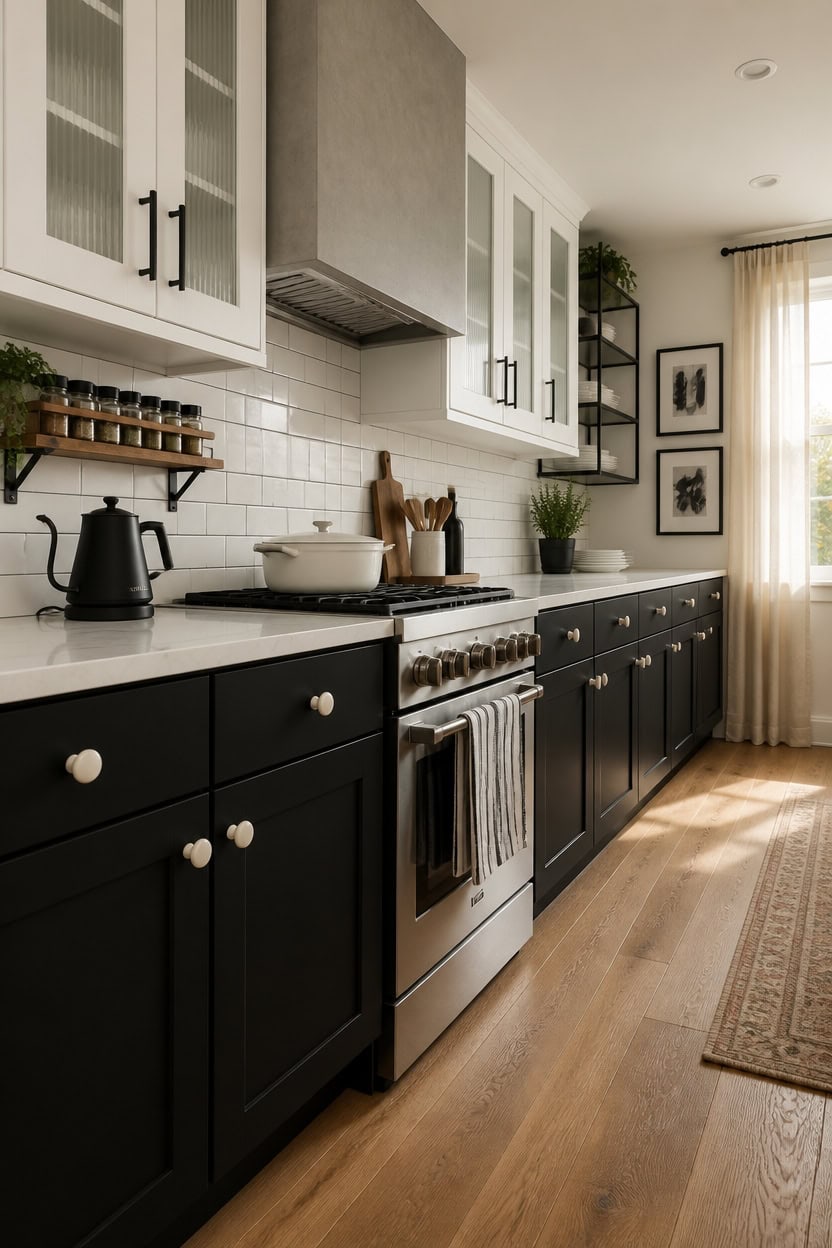 Bright and stylish kitchen featuring black lower cabinets, white upper cabinets, and a white subway.